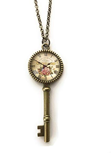 Key Necklace with Vintage Floral Image - Handmade Pendant for Women