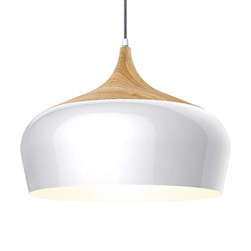 tomons Modern Style Wood Pattern Ceiling Lights, Pendant Light with 8W LED Lamp Bulb for Dining Room, Kitchen Island, Coffee Bar, Living Room, Study Room - PL1001, White