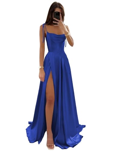 Cowl Neck Satin Bridesmaid Dresses with Slit Long Prom Dress for Women Formal Evening Gown with Pockets
