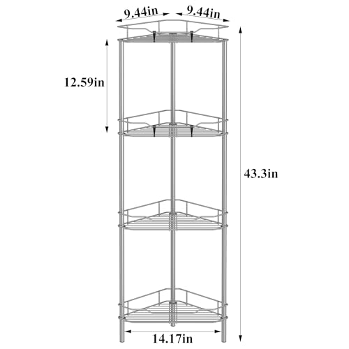 4 Tier Floor Standing Corner Shower Caddy Organizer Shelf with Hooks, Bathroom Shelves Stand Rack, Gray