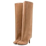 VOZTOLLS Women's Knee High Boots Suede Wide Calf Stiletto Tall Booties Square Toe Pull On High Heel Riding Long Boots for Women Ladies Fahion Dress Boots Nude Size 8