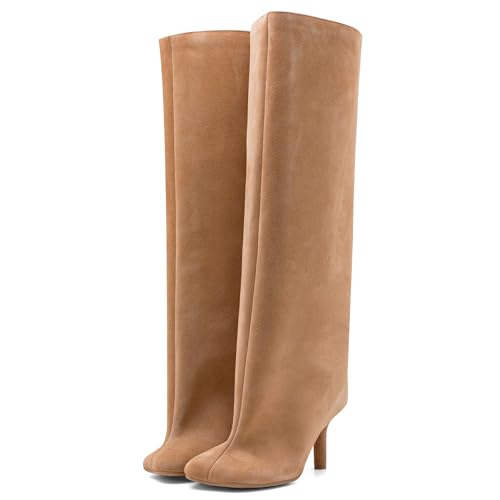 Women's Knee High Suede Boots for Women Wide Calf Square Toe Stiletto Heels Tall Boots Pull On High Heel Long Booties