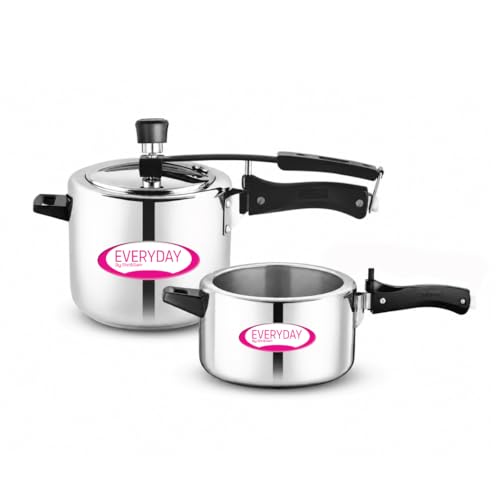 Image of Everyday Stainless Steel Pressure Cooker Combo (3.5L + 5L) | 2 Cookers, 1 Shared Lid | Mirror Finish | Inner Lid Design | Gas & Induction Compatible | Large Family Bundle