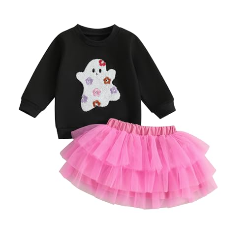 Fernvia Toddler Baby Girl Halloween Outfit Ghost Embroidery Long Sleeve Sweatshirt Tulle Skirt Set Fall Winter Clothes