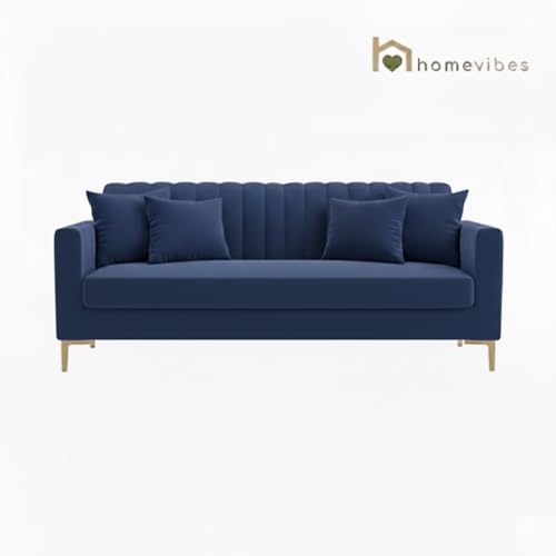 Image of 3 Seater Velum Fabric Sofa Set for Living Room, Modern Design with High Density Foam, Solid Wood Frame, Ergonomic Comfortable Seating for Home & Office (Blue, 3 Seater) | Soft foam comfort
