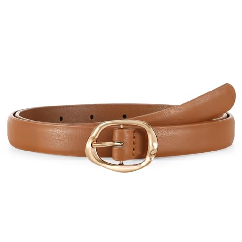 LEACOOLKEY Skinny Leather Belt for Women Thin Waist Belt with Gold Buckle for Jeans Dresses,0.7" width