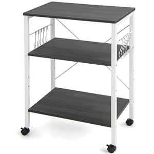 GiantexUK Kitchen Baker’s Rack, 3 Tier Serving Cart Microwave Stand with Lockable Wheels & 5/10 Hooks, Rolling Storage Trolley for Home Office Living Room(Brown, 2 Adjustable Shelves)