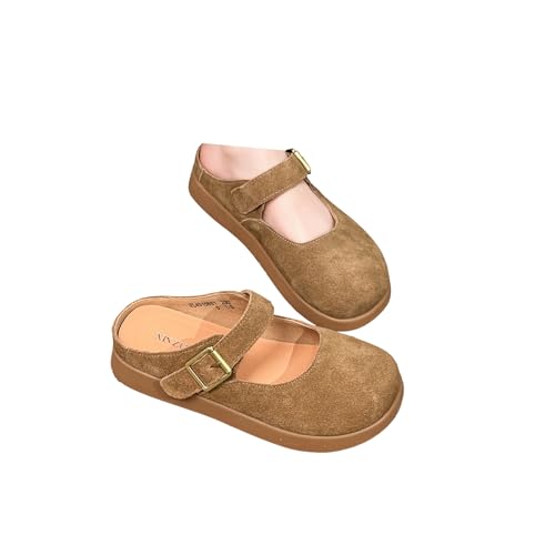 Women's Suede Mary Jane Flats with Buckle Strap, Beige, Comfort Casual Shoes