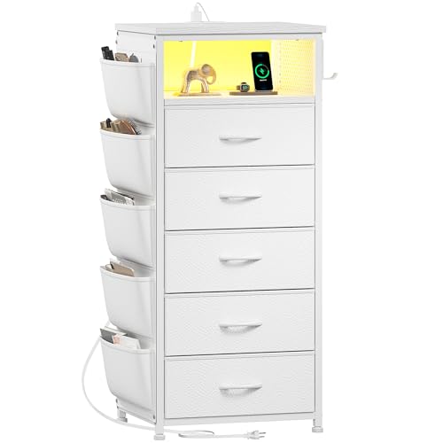 EnHomee Tall Nightstand with 5 Drawers Night Stand with Charging Station and LED Light Bedside Table with Extra Side Bag & Hooks Dorm Bedroom Closet Hallway Entryway Save Space White