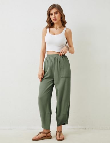Image of Himosyber Women Cotton Pants Wide Leg Pants Casual Loose Baggy Elastic Waist Beach Palazzo Harem Pants