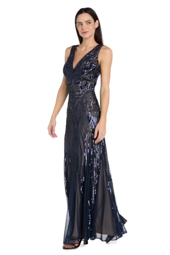 Image of R&M Richards Women's Luxurious Sequin Embellished Gown | V-Neck Formal Beaded Maxi Dress W /Contrast Lining & Godet Skirt