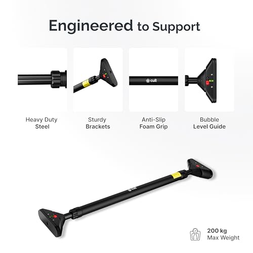 Image of Cult Adjustable Pull-Up Bar for Home for Kids and Adults | 200 kg Weight Capacity | Heavy-Duty Steel Wall Mounted & Doorway Bar | Anti-Skid Grip Multi-Grip Pull-Up Bar for Home Workout | No-Drill Installation for Pull Ups, Chin Ups & Core Training | Size - 72-110 cm