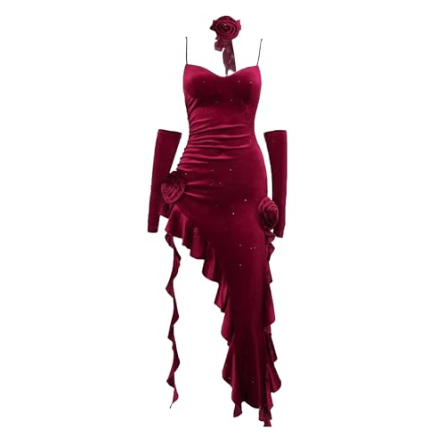 Women's Asymmetrical Hem Fashion Wedding Dress Elegant Flowy Slim Fit Dress Spaghetti Strap Bodycon Dresses (Red,Small)