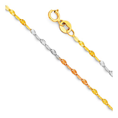 14k REAL Tri Color Gold Solid 1.5mm Stamp Mirror Star Diamond Cut Chain Necklace with Lobster Claw Clasp - 20"
