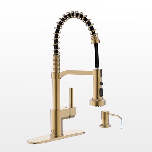 Casavilla Gold Küchenarmatur Seifenspender, Wasserhahn für Küchenspüle, Küchenspüle Wasserhahn mit Deckplatte, Küchenarmatur mit herausziehbarem Sprüher und Doppelfunktions-Sprühkopf,