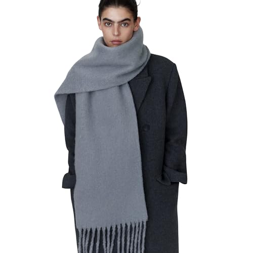 bhb Flauschiger Mohair-Optik Damenschal, Deckenschal – Weicher Oversize Schal aus Wolle mit Quasten, warm, elegant, übergroß, klobig, Winteraccessoire (Grau)