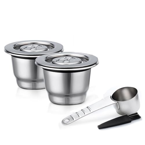 Capsule de Café Réutilisable en Acier Inoxydable pour Nespresso - Filtre Rechargeable avec Cuillère et Pinceau (2 Capsules)