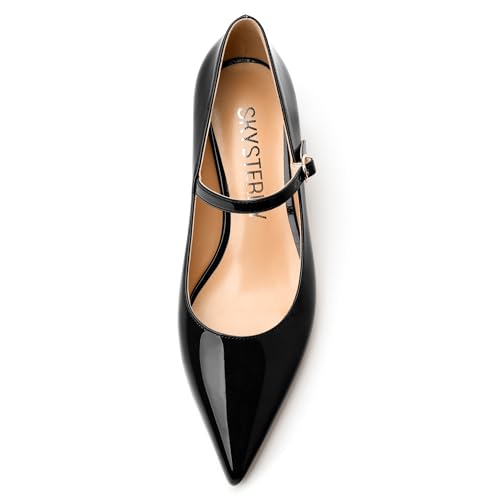 SKYSTERRY Mary Jane Shoes Women Pointed Closed Toe Low Kitten Heels Patent Leather Shoes Ankle Buckle Pumps Strappy Heels Dress Shoes for Women Work Comfortable Elegant3