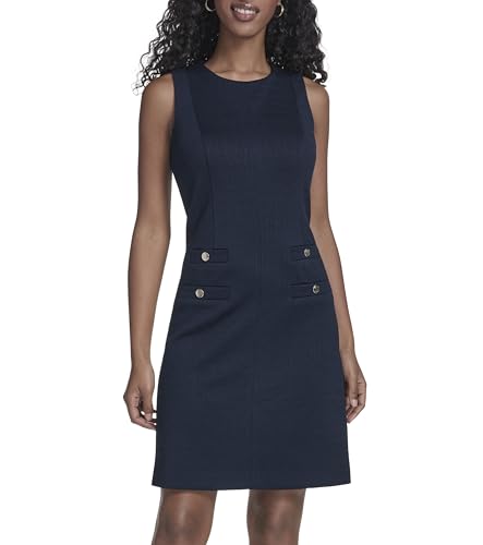 Image of Tommy Hilfiger Women's Sleeveless Jewel Neck Novelty Button Tweed Mini Sheath Dress