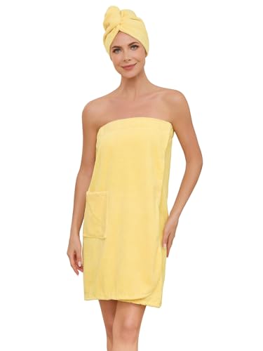 Image of Air Curvey Soft Wrap Towel for Women Lightweight Spa Body Wrap Shower Wrap Robe Adjustable Closure Bathrobe with Pocket Yellow S /M