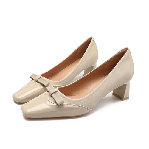 Women's Patent Leather Bow Chunky Heel Pumps, Fashion Square Closed Toe Slip-On Splicing Suede Low Block Heel Dress Shoes,for Business Office Work Heels