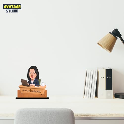 Image of Personalized Workaholic Girl Caricature Gift Custom Office Desk Avatar Birthday Gift for Wife Girlfriend Sister Friend Unique Corporate Gift for Women (Workaholic Girl, 7 Inches)
