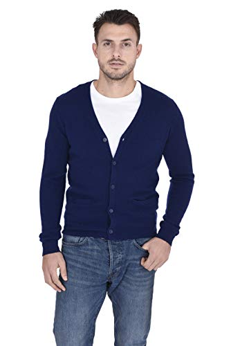 Cashmeren Men's Button Down Cardigan 100% Pure Cashmere Classic Knit V-Neck Sweater (Navy, Medium)