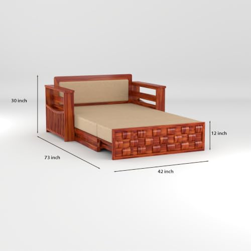 Image of Solid Sheesham Wood Sofa Cums Bed with Mattress & Storage | Rosewood Convertible Sofa Bed for Living Room & Bedroom (Niwar-Honey Finish, 2 Seater)