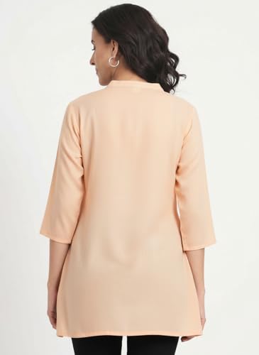 Image of Women's Roll-Up Sleeve Tunic Top, V-Neck with Button Front, Side Pockets, Rayon Short Kurti