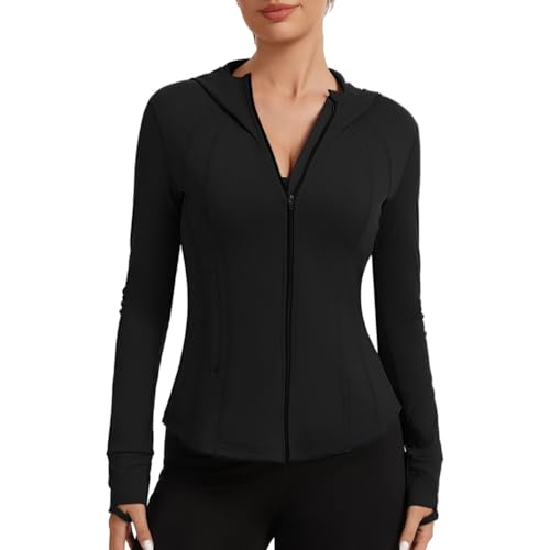 AMZSPORT Chaqueta Deportiva Mujer Sudaderas Running con Capucha, Negro S