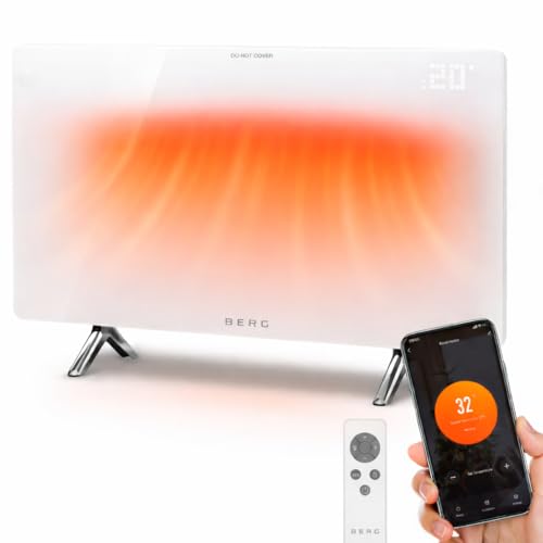 BERG Ultra-Slim Glass Infrared Panel Heater – Smart Electric Heater with Wi-Fi & Remote Control, 12mm Frameless Design, Wall Mounted or Free-Standing, Energy Efficient Room Heating (White, 720W)
