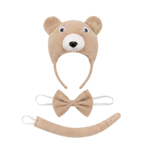 Image of Brown bear Headband with Bow and Tail Costume Set, Halloween Animal Ears Costume Dress Up Suit, Cosplay Party Supplies for Adult