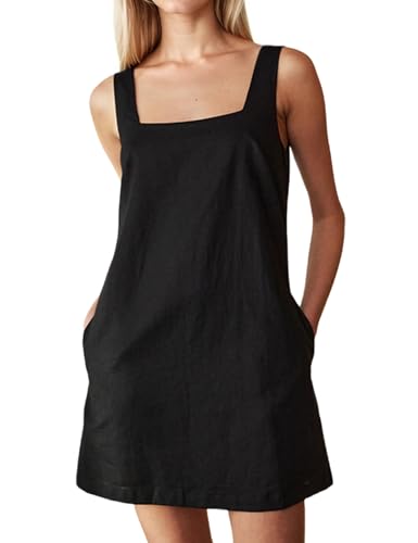Summer Linen Mini Dress for Women Sleeveless Square Neck Tank Shift Dresses Causal Backless Solid Short Sundress