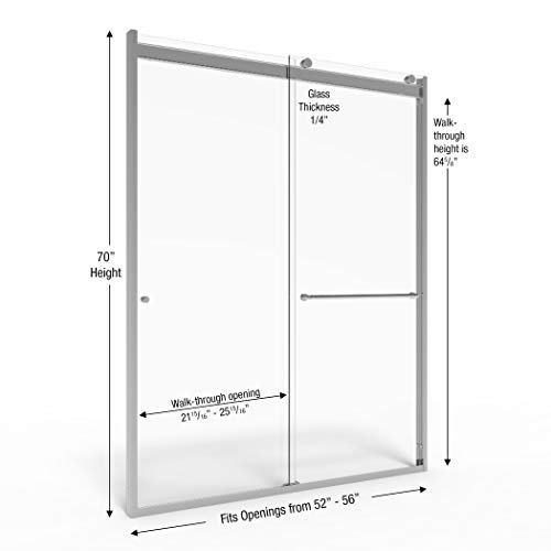 Basco Shower Door RTLH05B5670XPSV Rotolo Sliding Shower Door, Chrome, 52-56 in. W x 70 in. H, 1/4 in. Clear Tempered Glass