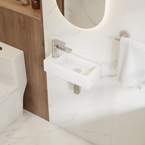 Eridanus Badezimmer Waschbecken, Wandhängendes Platzsparendes rechteckiges weißes Keramikbecken, Wasserhahn LINKEN für Waschtisch, Garderobe, Toilette, Modernes Aufsatzwaschbecken Klein (nur Becken)