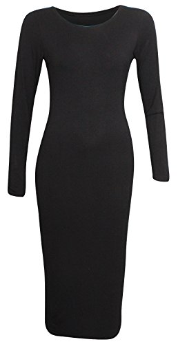 Candid Styles New Womens Ladies Summer Long Sleeve Stretch Plain Bodycon Midi Maxi Dress 8-26, S/M 8-10, Black
