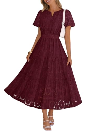 MEROKEETY Womens Summer Floral Maxi Dress 2026 Spring Boho Vacation Eyelet Lace Short Sleeve A Line Tiered Flowy Dresses Wine Medium