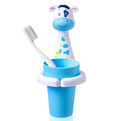TOATELU Portaspazzolino per bambini, portaspazzolino con tazza, portaspazzolino senza foratura, portaspazzolino da parete, simpatico portaspazzolino per neonati e bambini (mucca da latte)
