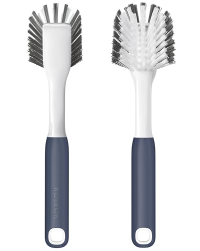 ROSEOK Dish Brush with Built-in Scraper,Kitchen Scrub Brush for Cleaning Dishes,Pots,Non-Stick Pans and Sinks,Navy Blue,2 Pack
