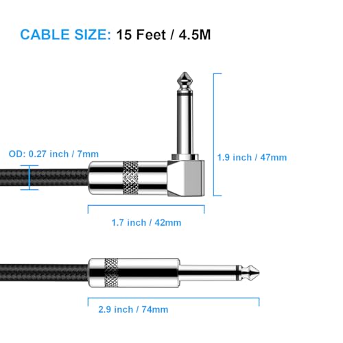 Image of New Bee Guitar Cable 15ft Electric Instrument Cable Bass AMP Cord 1 /4 Right to Straight for Electric Guitar, Bass Guitar, Electric Mandolin, Pro Audio