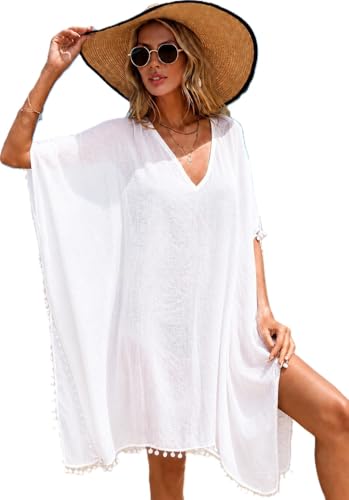 Swimsuit Bikini Cover Up Beach Cover Up Women Kimono White Crochet Dress Long Sleeve Semi Sheer Plus Size Bikini Cover Ups for Women Loose Fit Linen Cotton Summer Swimwear Tunic Vacation Beachwear