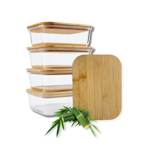 Glass Containers with Lids- Reusable Meal prep containers with Lid, Small glass containers, Glass Tupperware boxes with air-tight lid for food storage containers with Bamboo lid (04 Set) 1040ml
