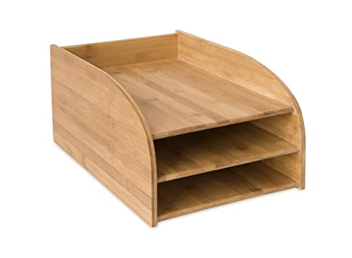 OSCO Bamboo 3 Tier Letter Tray A4 Desk File Organiser, Wooden Paper Storage Rack, Office Document Sorter, Desktop File Holder, Home Office Paper Tray, No Assembly Required, 2 Pack