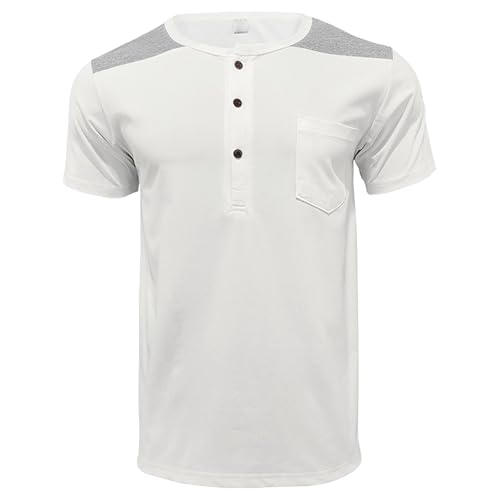 Zylphorix Men Contrast Shoulder Quarter Button T-Shirt Thin Short Sleeve Henry Shirts Summer Round Collar Walking Polo Tees (White,Medium)