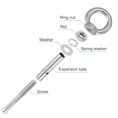 Image of PATIKIL Expansion Eye Bolt M8x70mm, 4 Pack 304 Stainless Steel Shoulder Anchors Eyebolt Screw with Eye Ring for Concrete Brick Walls Canopy Engineering Rigging Silver