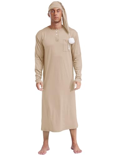Hularka Men's Long Sleeve Nightshirt Solid Color Henley Sleep Shirt with Sleeping Cap Nightwear