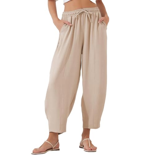 fanmpghleoo Linen Harem Pants Women with Pockets Drawstring Wide Leg Pirate Pants High Waisted Capri Joggers with Pockets