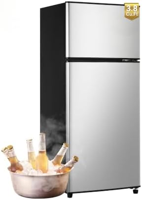 Borcolo Mini Fridge with Freezer, 3.8 Cu. Ft Double Door Compact Refrigerator with 7-Level Adjustable Thermostat, Small Fridge with Adjustable Glass Shelves for Home, Dorm, Office, Silver