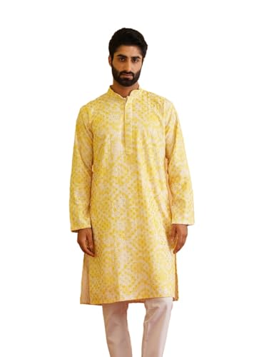 Sojanya (Since 1958 Men's Cotton Gold Sequinned Embroidered White & Yellow Long Kurta