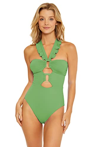 Buckle Up - Women's One Piece Bandeau Swimsuit with Cut Out Neckline and Removable Cups, Bathing Suits for Women